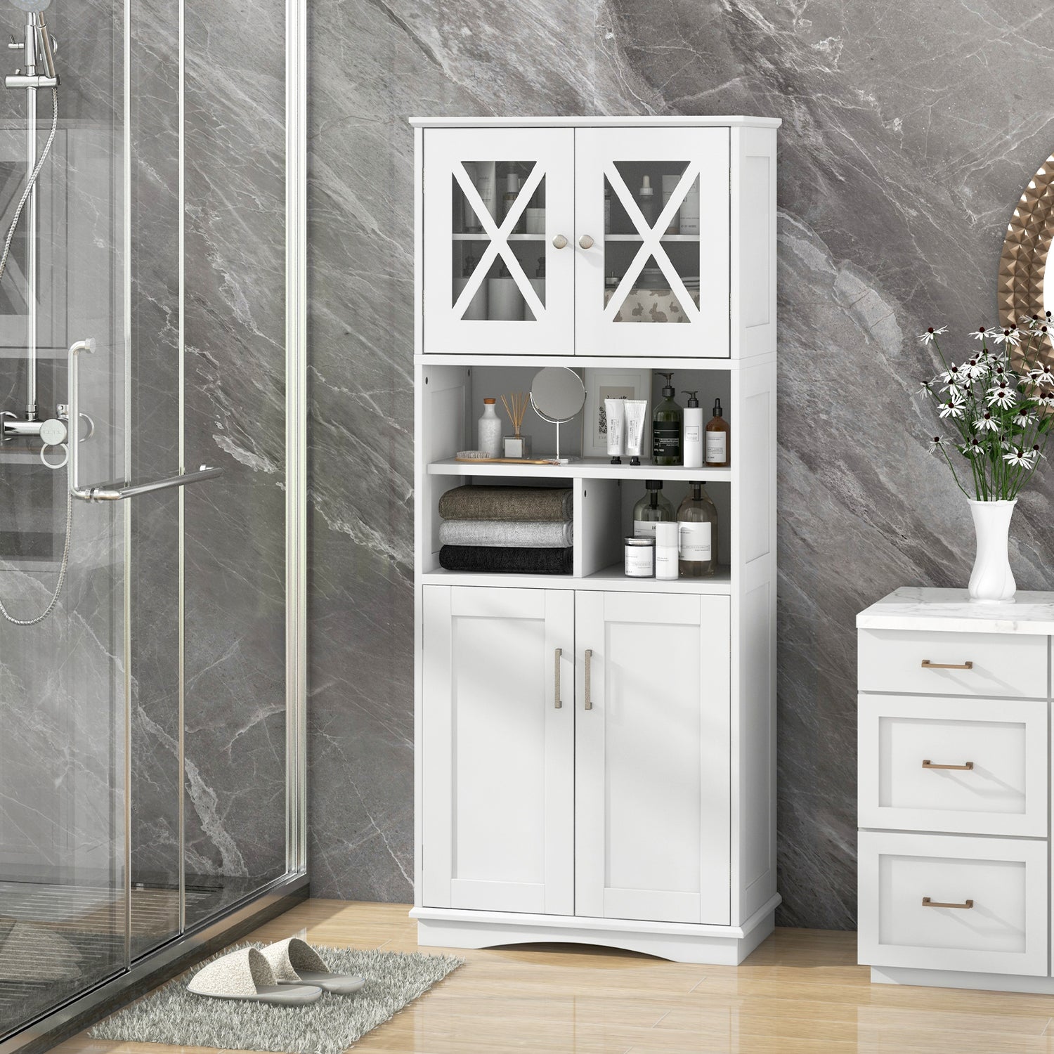 Tall Bathroom Cabinet Large Floor Storage Cabinet with Acrylic Doors and 3 Cubes
