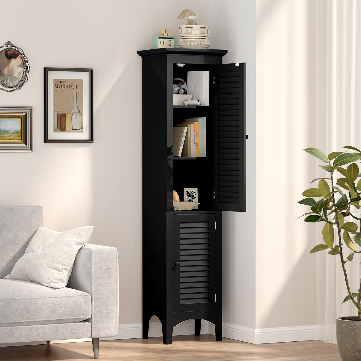 Tall Bathroom Floor Cabinet with Shutter Doors and Adjustable Shelf