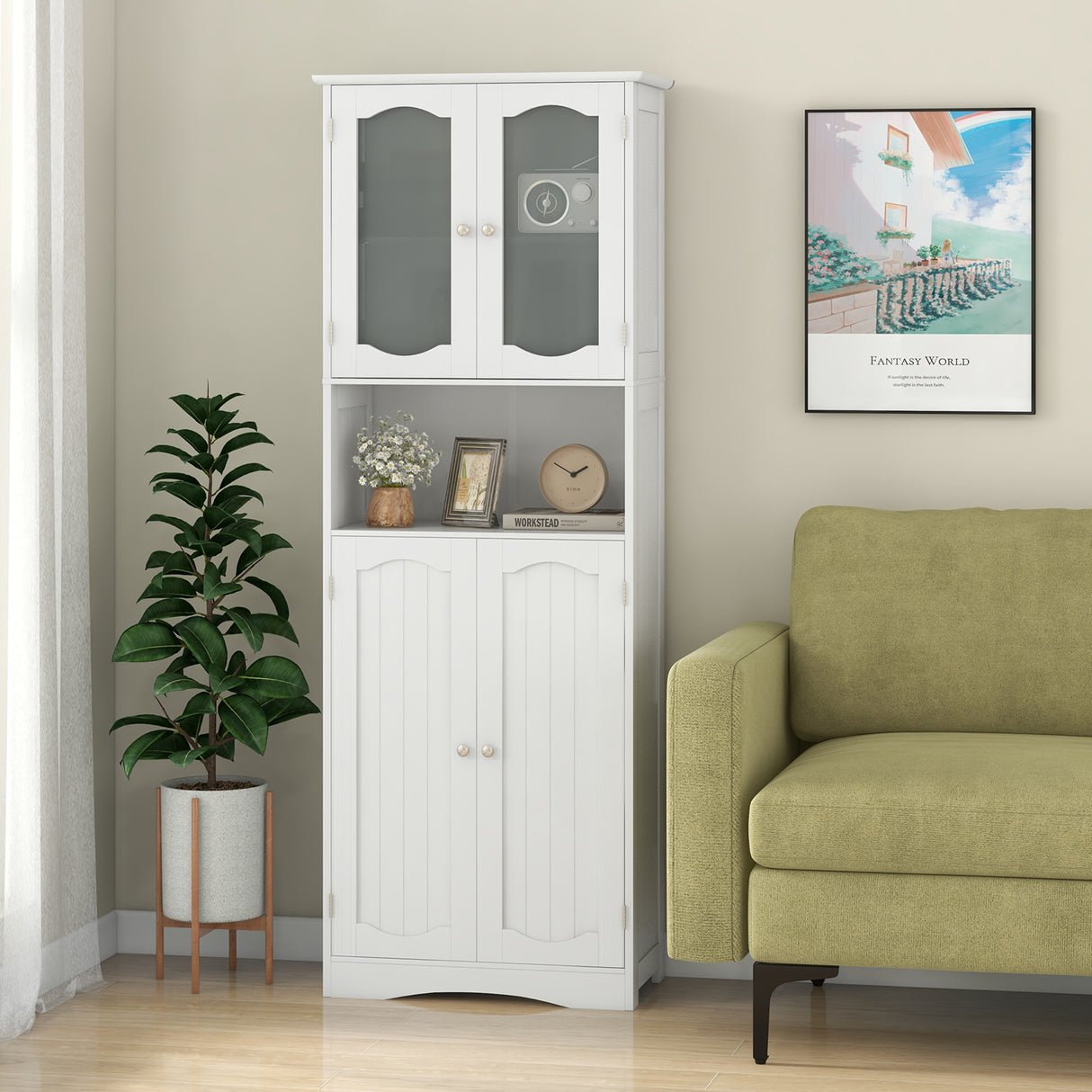 64.5 Inches Tall Bathroom Storage Cabinet with Frost Glass Doors and Shelves