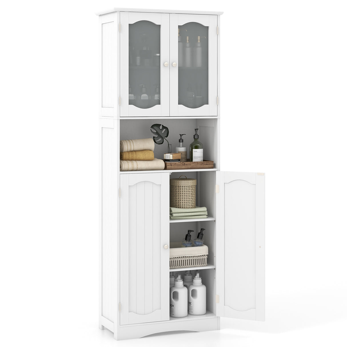 64.5 Inches Tall Bathroom Storage Cabinet with Frost Glass Doors and Shelves