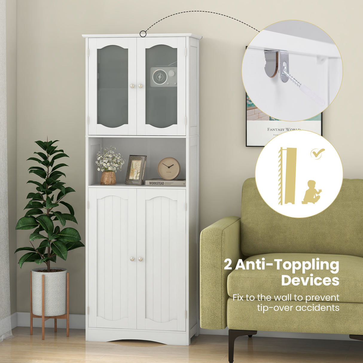 64.5 Inches Tall Bathroom Storage Cabinet with Frost Glass Doors and Shelves