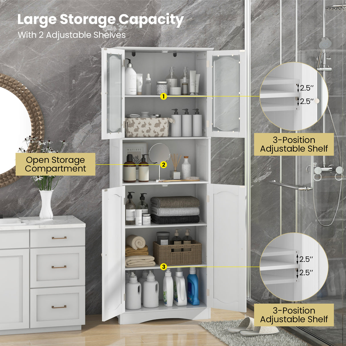 64.5 Inches Tall Bathroom Storage Cabinet with Frost Glass Doors and Shelves