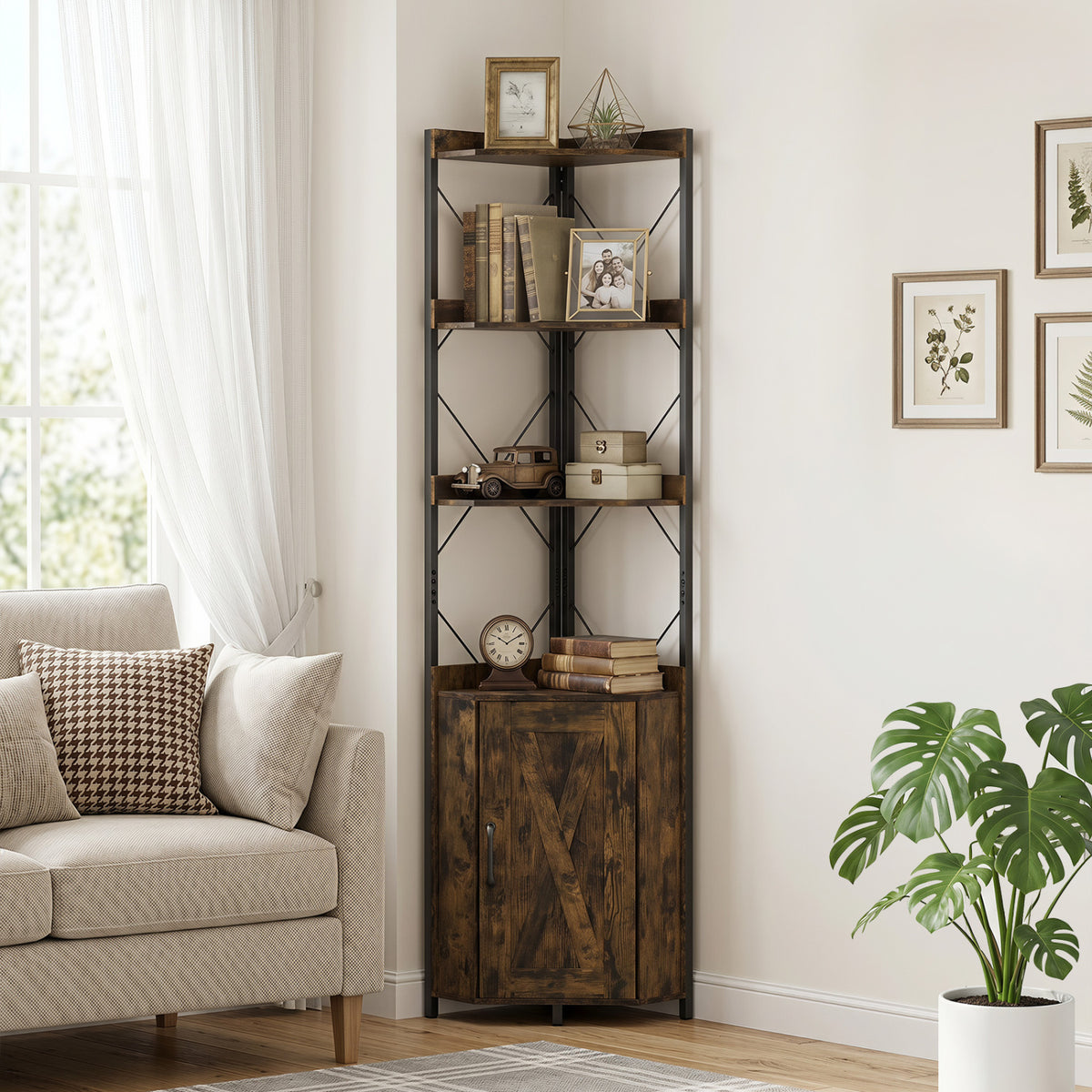 Tall Corner Storage Cabinet with 3-Tier Shelf and Enclosed Cabinet