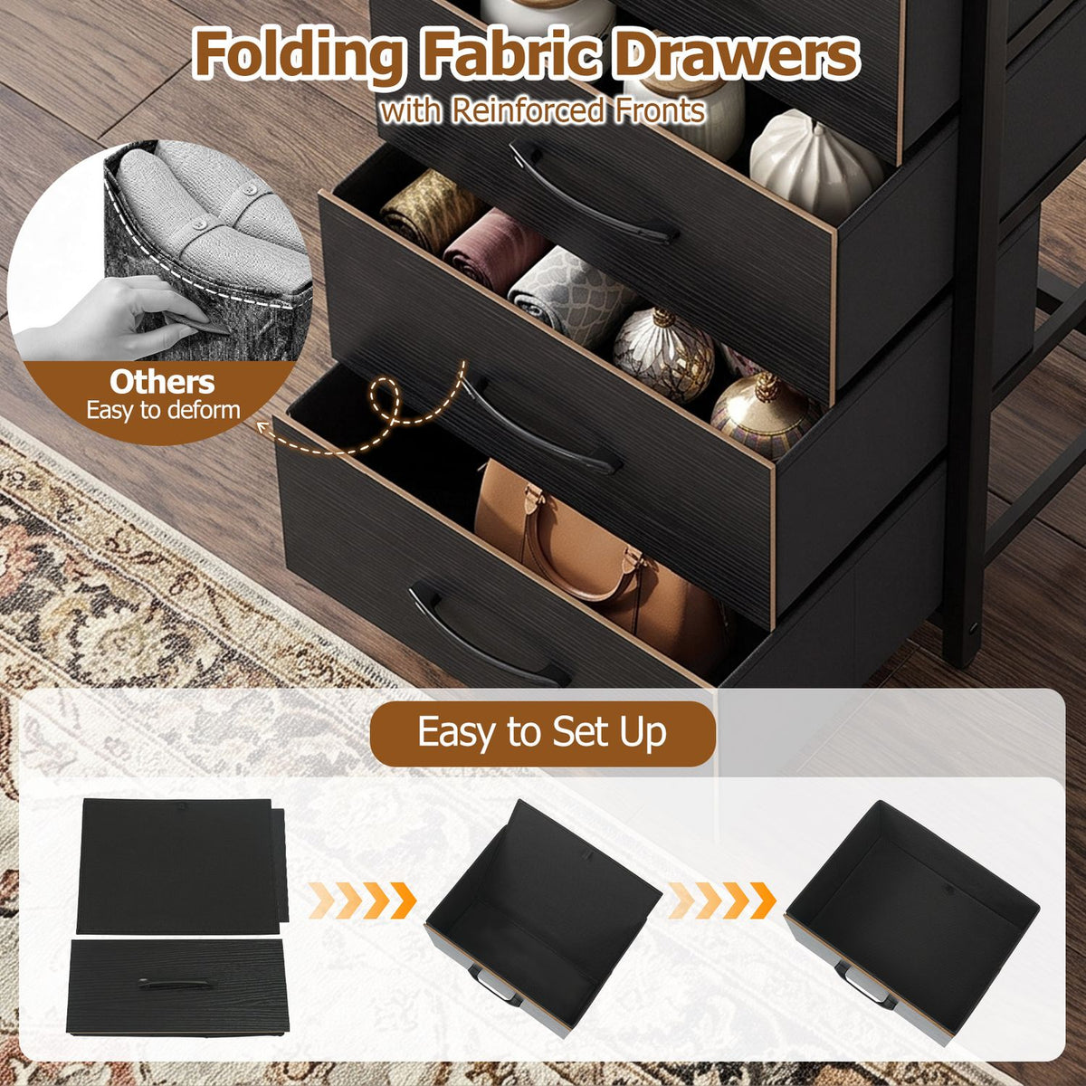 Tall Dresser with 4 Fabric Drawers and Metal Frame for Bedroom