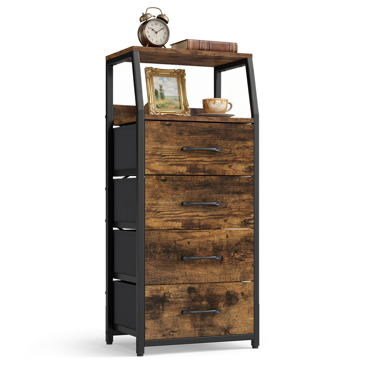 Tall Dresser with 4 Fabric Drawers and Metal Frame for Bedroom