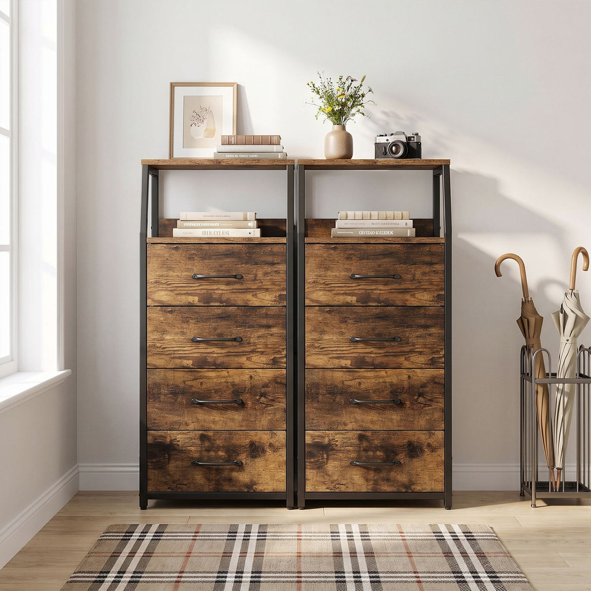Tall Dresser with 4 Fabric Drawers and Metal Frame for Bedroom