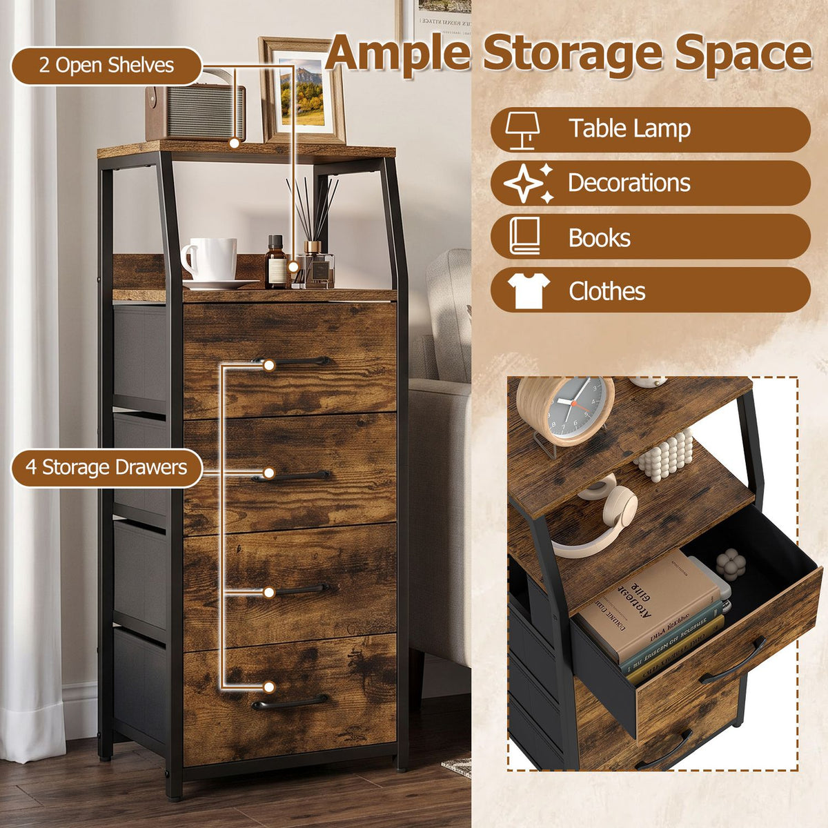 Tall Dresser with 4 Fabric Drawers and Metal Frame for Bedroom