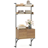Tall Ladder Shelf with Storage Cabinet Narrow Wall Mounted Ladder Bookcase-Natural