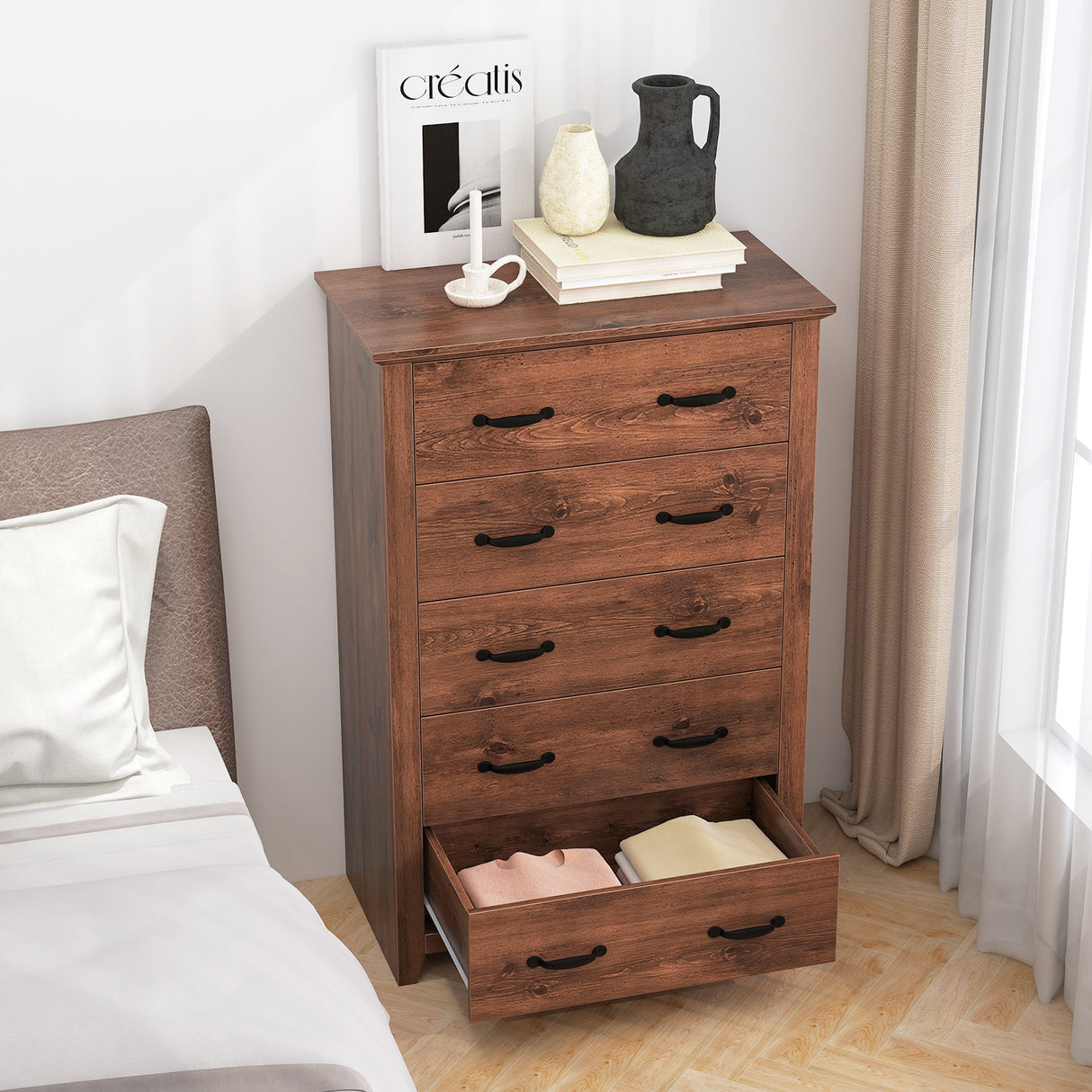 Tall Storage Dresser with 5 Pull-out Drawers for Bedroom Living Room