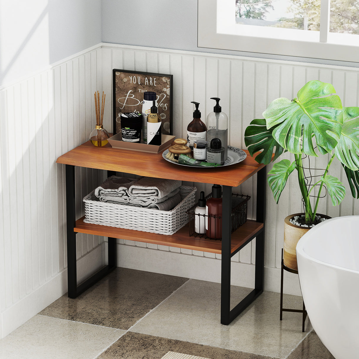 2-Tier Teak Wood End Table Sofa Side for Living Room Hallway Laundry