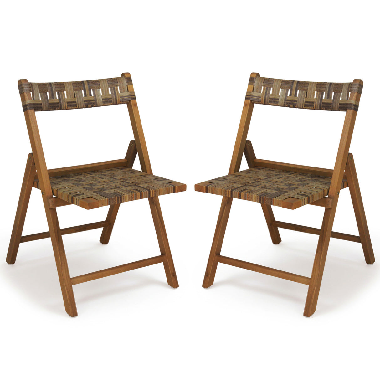 Teak Folding Chairs Set of 2 with Hand-Woven Rattan and Contoured Back