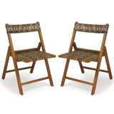 Teak Folding Chairs Set of 2 with Hand-Woven Rattan and Contoured Back