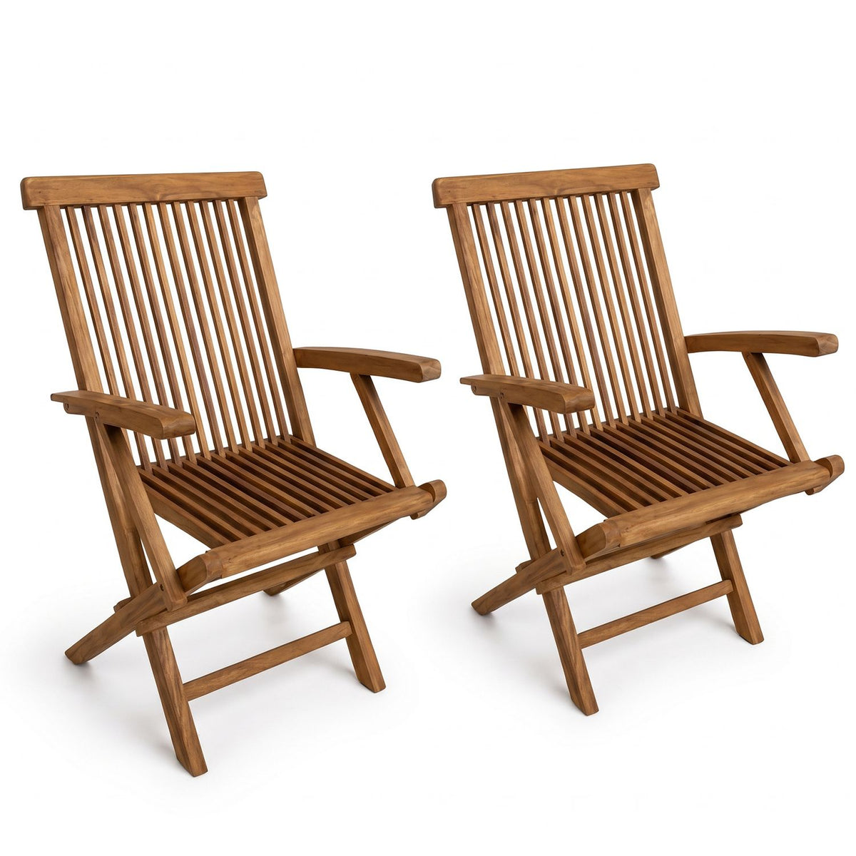 Teak Wood Folding Dining Chairs Set of 2 with Inclined Backrest Slatted Seat and Cozy Armrests