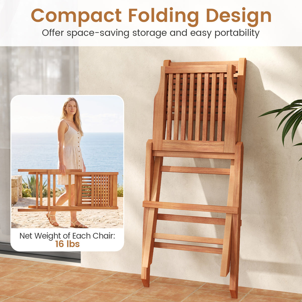Teak Wood Folding Patio Chairs Set of 2 with Slatted Seat & Portable Design for Deck