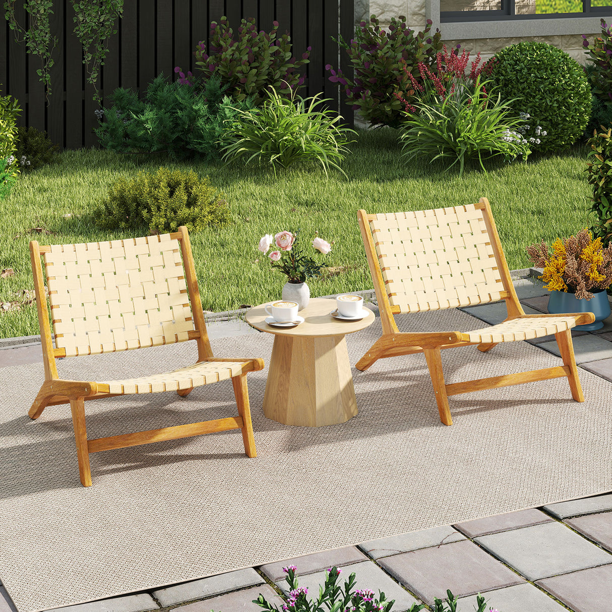 Teak Wood Patio Chair Armless with Webbing Seat and Backrest-Natural