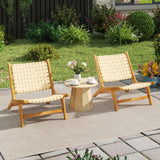 Teak Wood Patio Chair Armless with Webbing Seat and Backrest-Natural