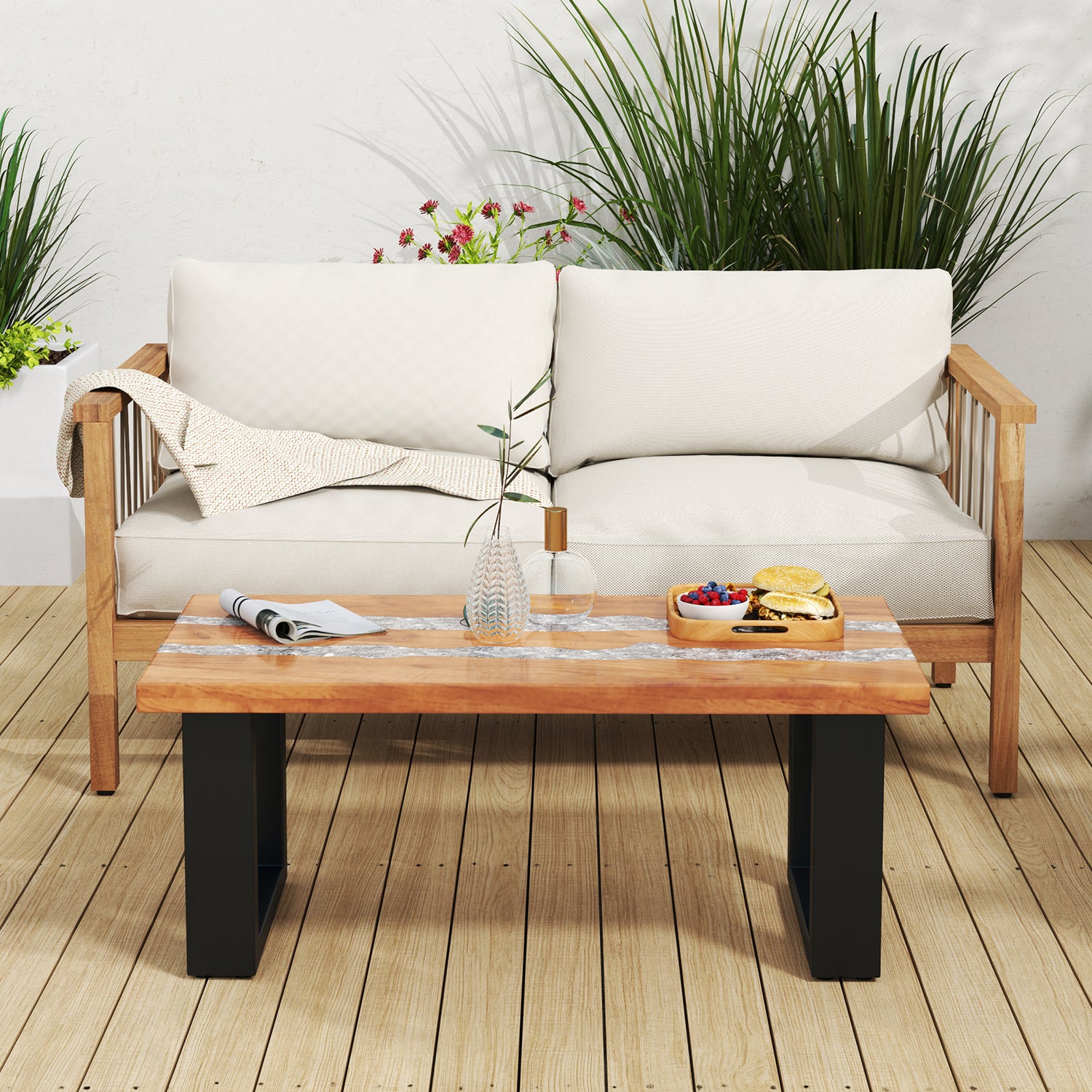 Teak Wood Patio Table with River Feel Epoxy Tabletop