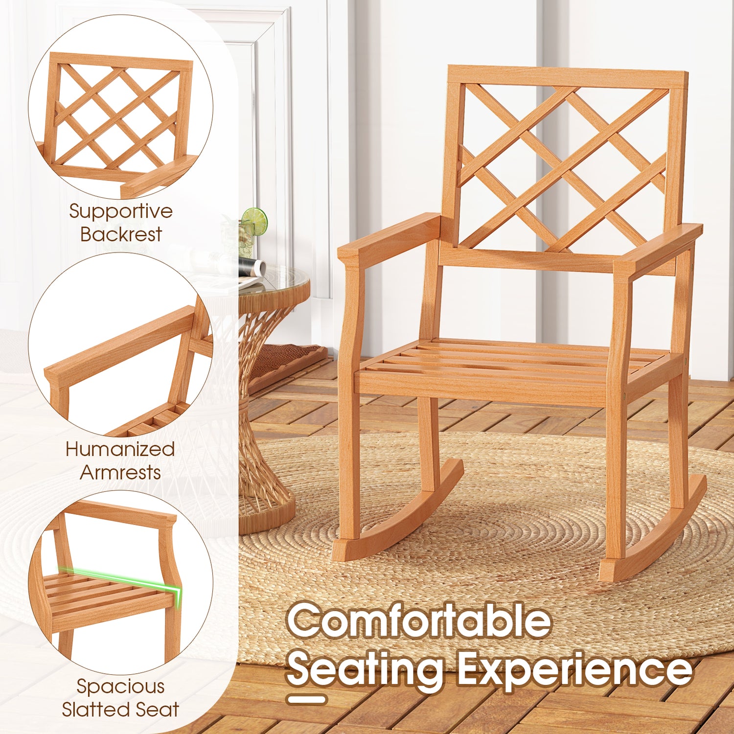 Teak Wood Rocking Chair Oversized Porch Rocker with Backrest and Slatted Seat