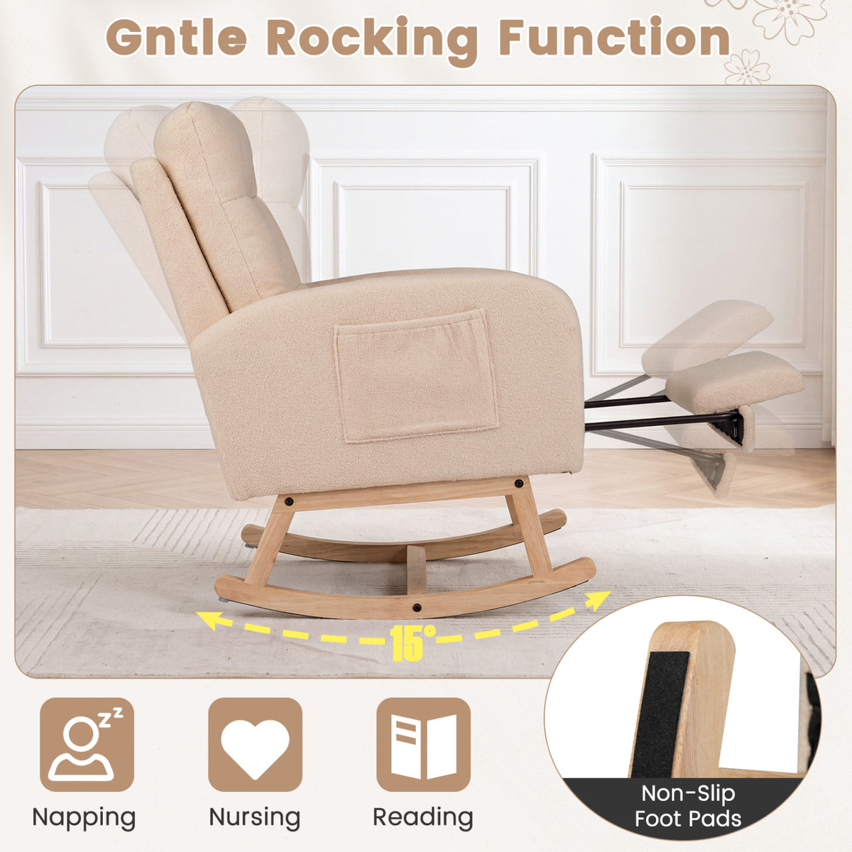 Teddy Upholstered Rocking Chair with Retractable Footrest-Beige