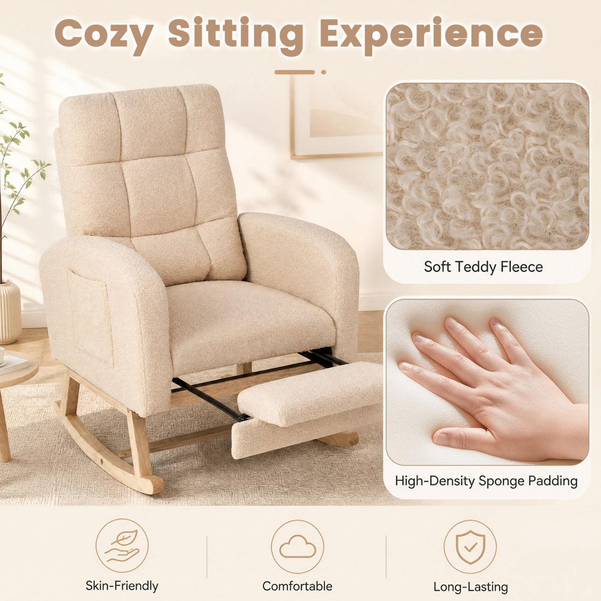 Teddy Upholstered Rocking Chair with Retractable Footrest-Beige