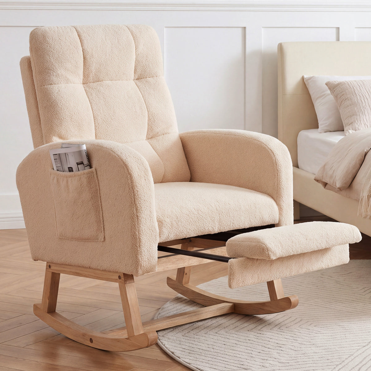 Teddy Upholstered Rocking Chair with Retractable Footrest-Beige