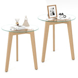 Tempered Glass End Table Round with Solid Rubber Wood Structure