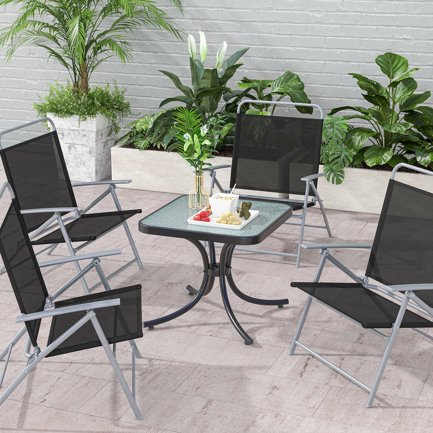 Tempered Glass Top Patio Table with Heavy-duty Metal Frame for Garden Poolside-Black