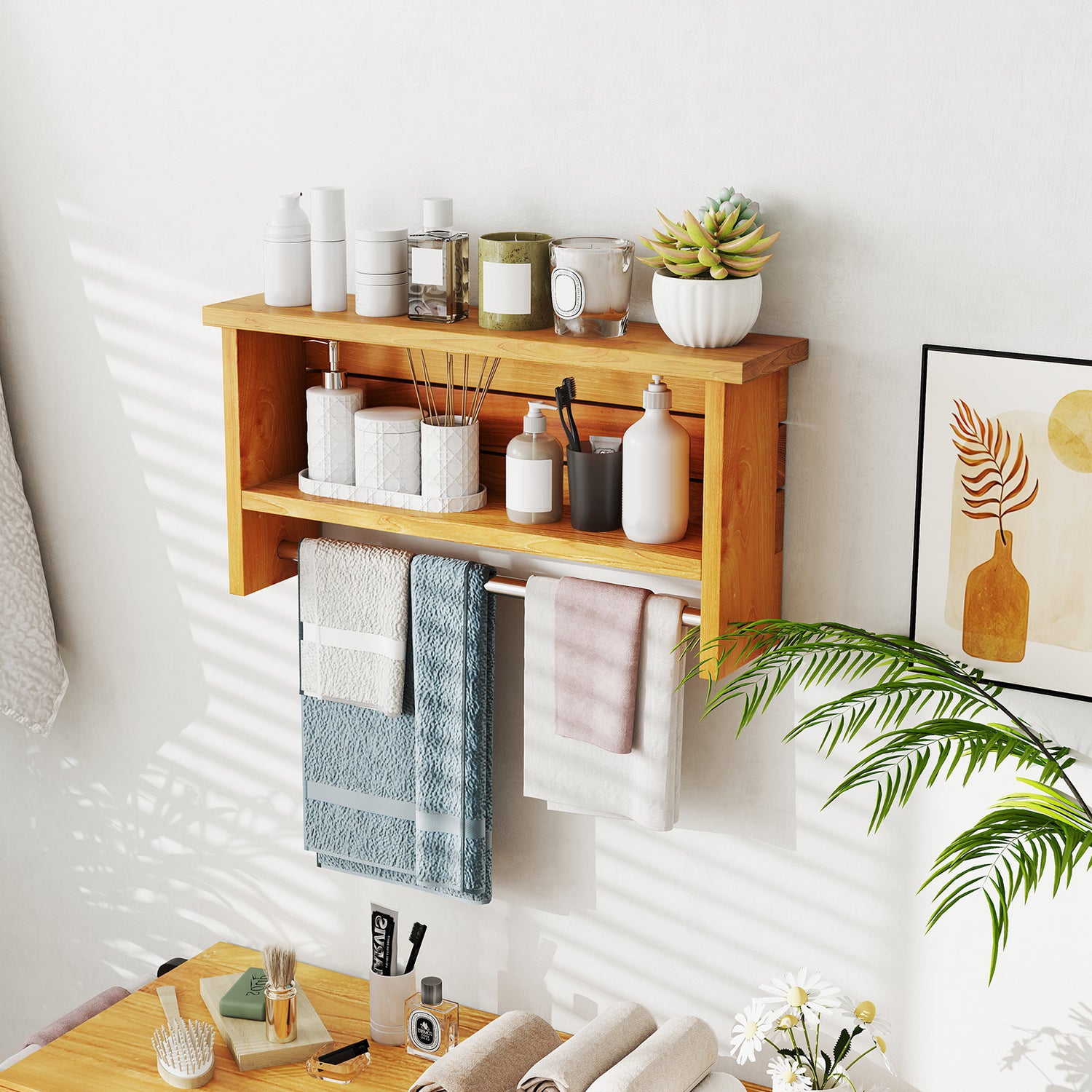 Wall-Mounted 2-Tier Solid Teak Wood Bathroom Shelf with Towel Bar
