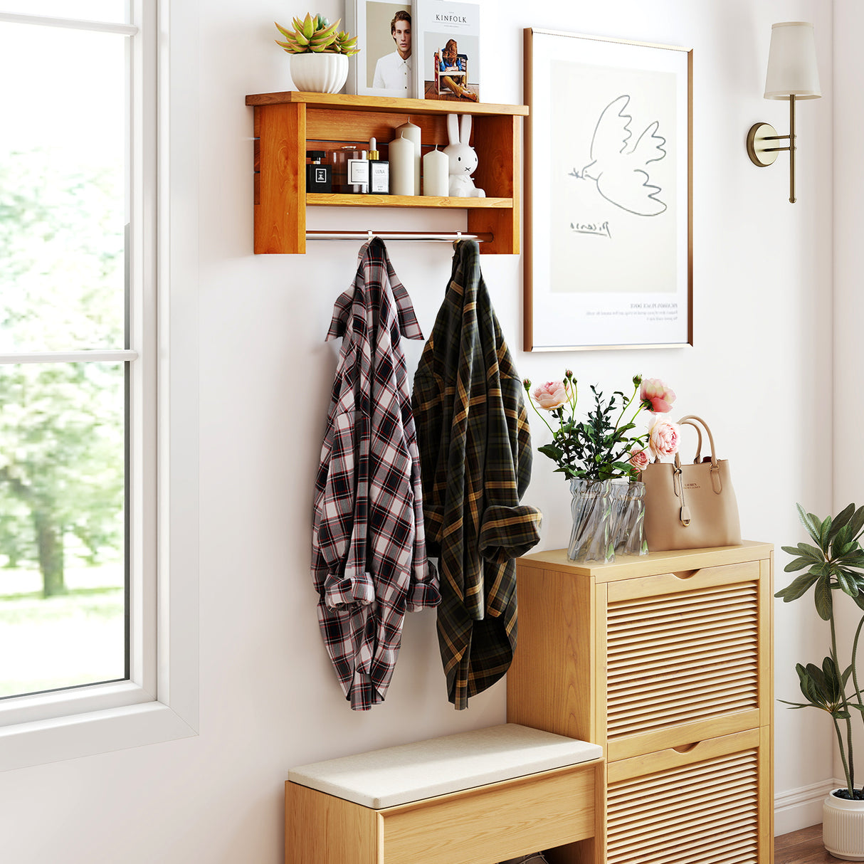 Wall-Mounted 2-Tier Solid Teak Wood Bathroom Shelf with Towel Bar