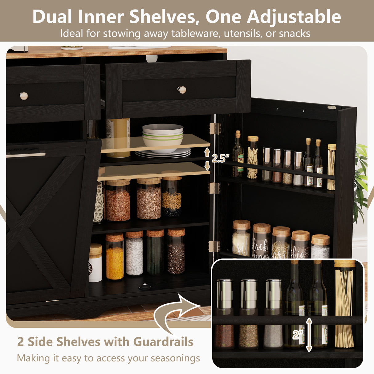 Tilt Out Trash Can Cabinet with Outlets and Adjustable Shelf