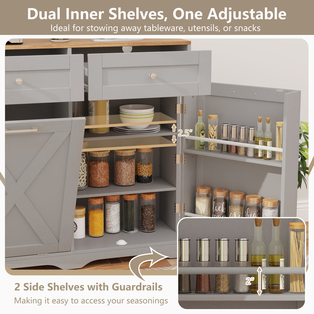 Tilt Out Trash Can Cabinet with Outlets and Adjustable Shelf