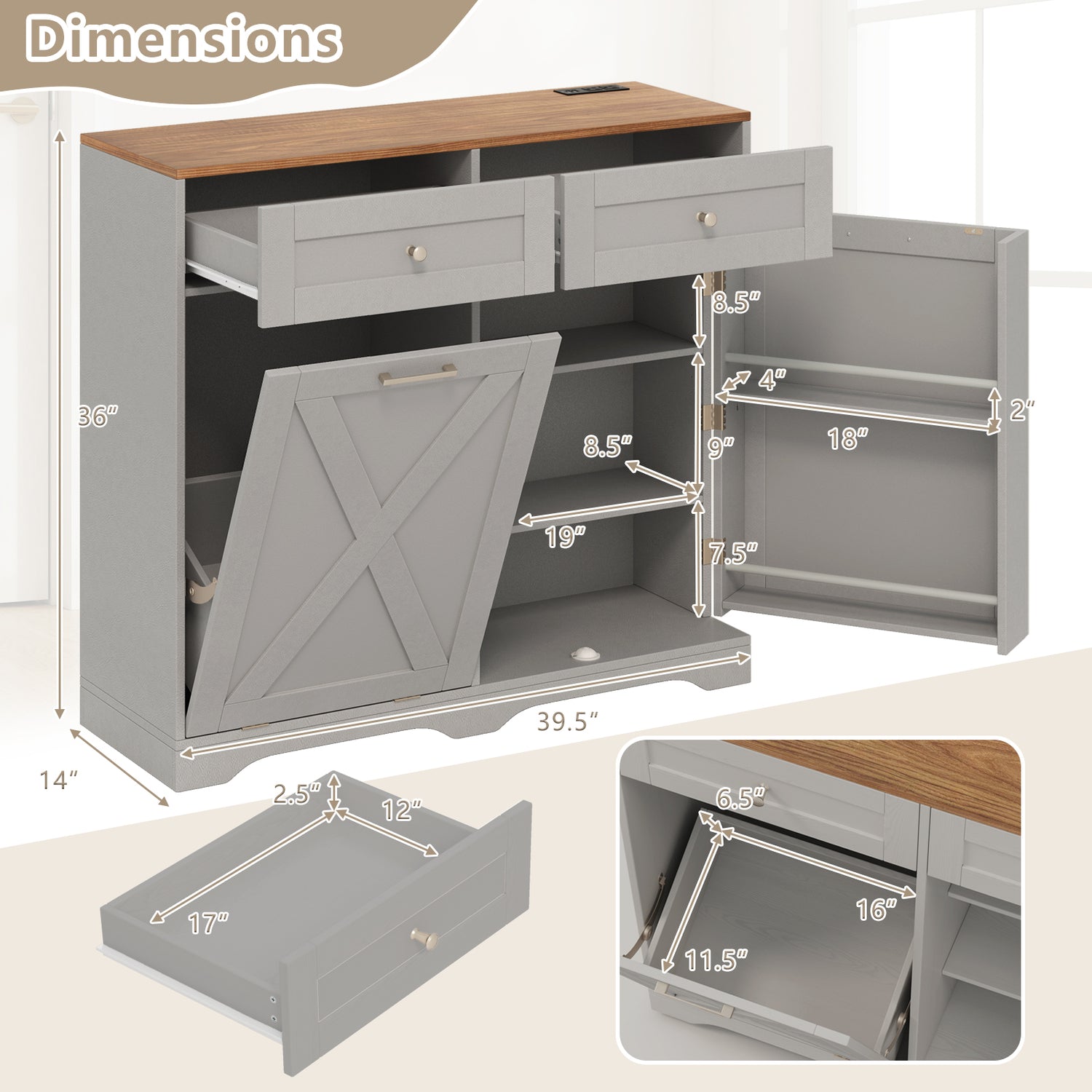 Tilt Out Trash Can Cabinet with Outlets and Adjustable Shelf