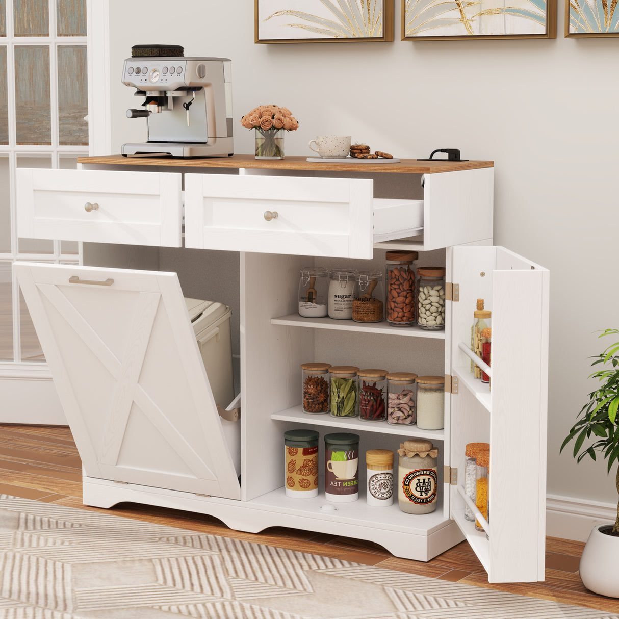 Tilt Out Trash Can Cabinet with Outlets and Adjustable Shelf