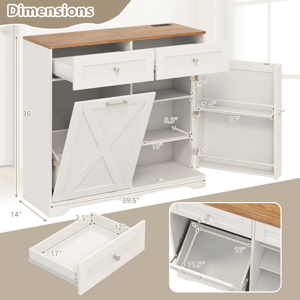 Tilt Out Trash Can Cabinet with Outlets and Adjustable Shelf