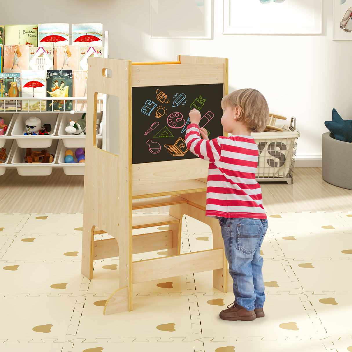 Toddler Kitchen Step Stool with Activity Chalkboard and Adjustable Height
