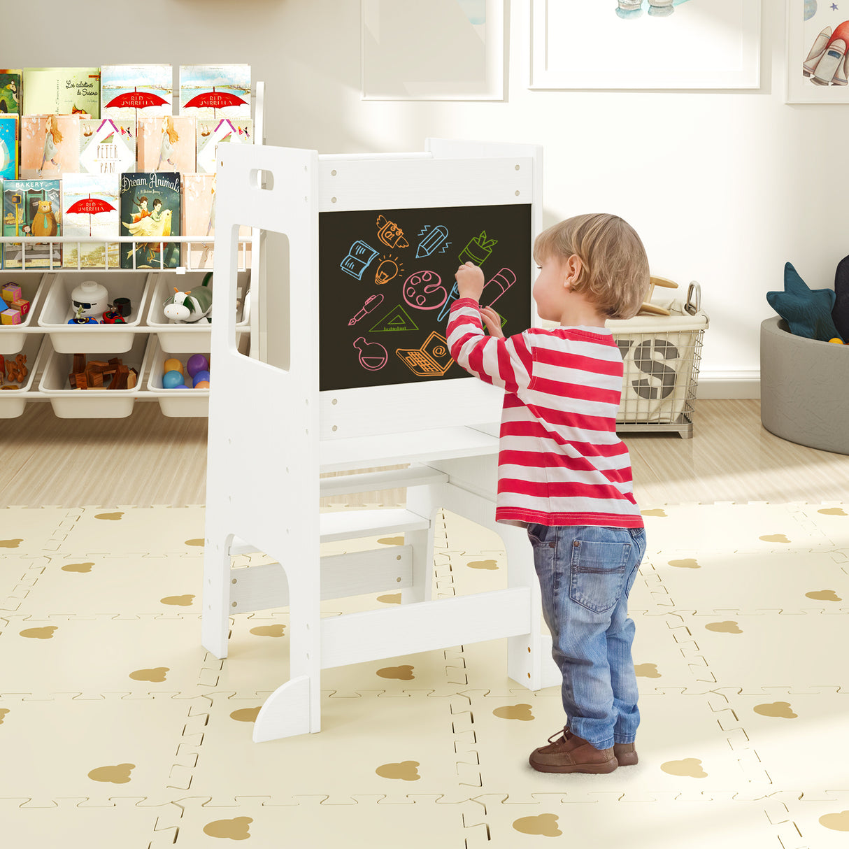 Toddler Kitchen Step Stool with Activity Chalkboard and Adjustable Height