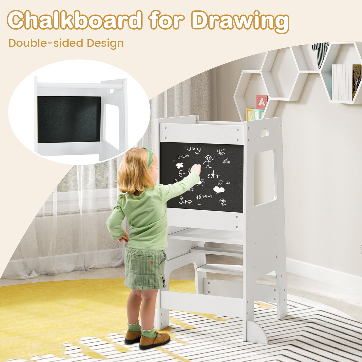 Toddler Kitchen Step Stool with Activity Chalkboard and Adjustable Height