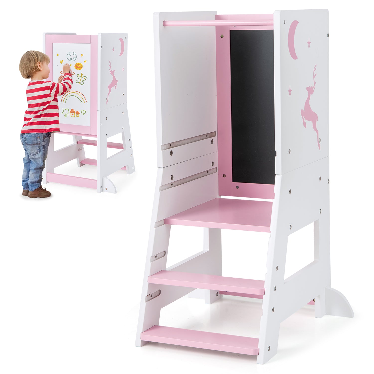 Toddler Kitchen Stool Baby Standing Tower with Chalkboard and Whiteboard-Pink
