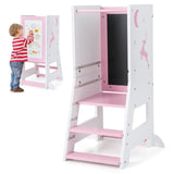 Toddler Kitchen Stool Baby Standing Tower with Chalkboard and Whiteboard-Pink