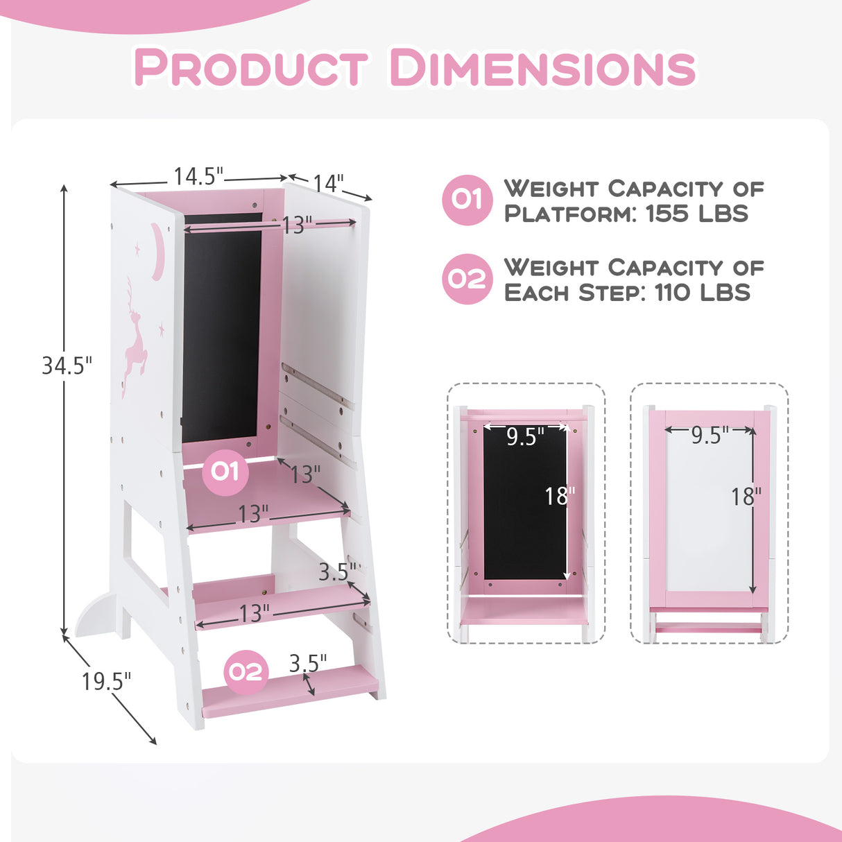 Toddler Kitchen Stool Baby Standing Tower with Chalkboard and Whiteboard-Pink