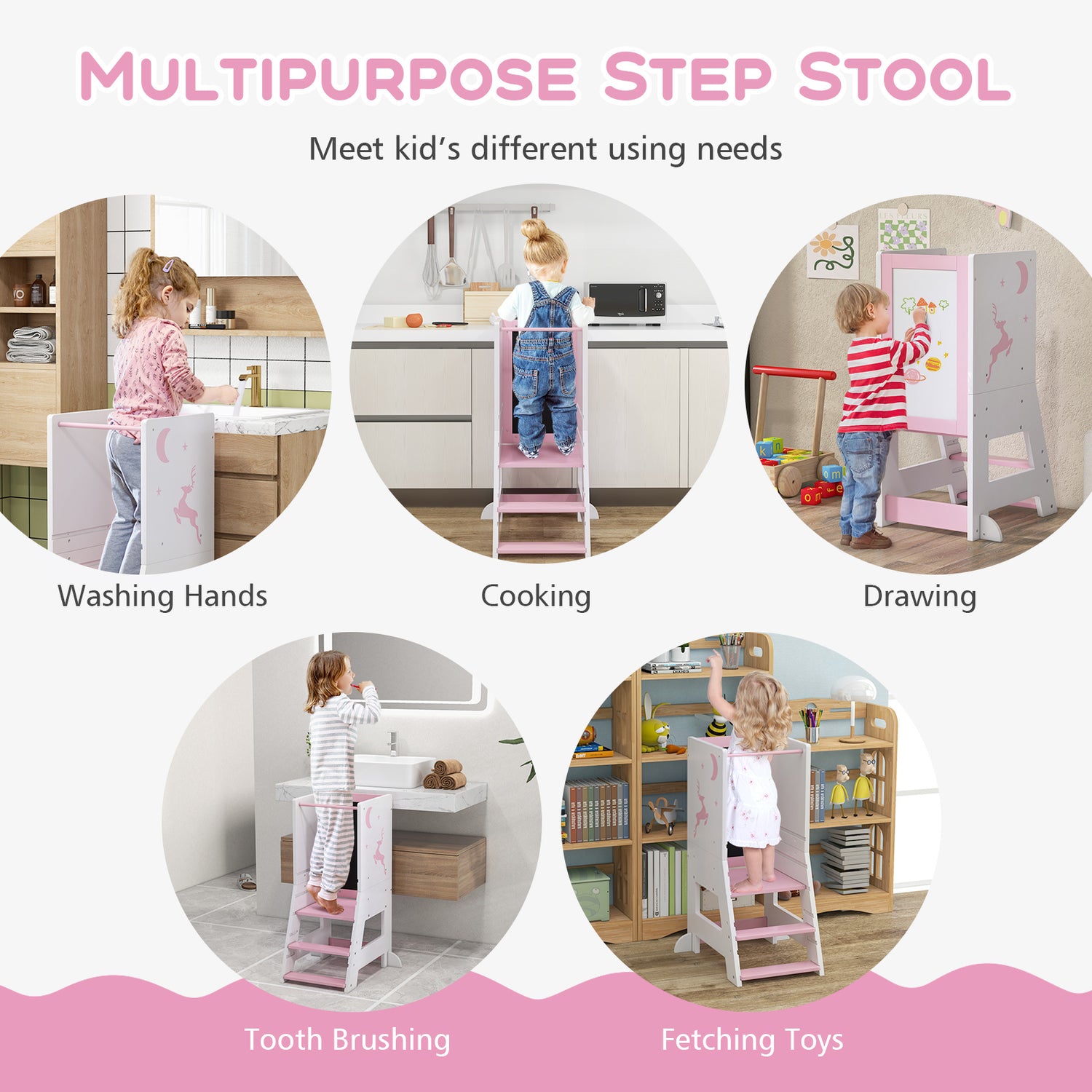 Toddler Kitchen Stool Baby Standing Tower with Chalkboard and Whiteboard-Pink