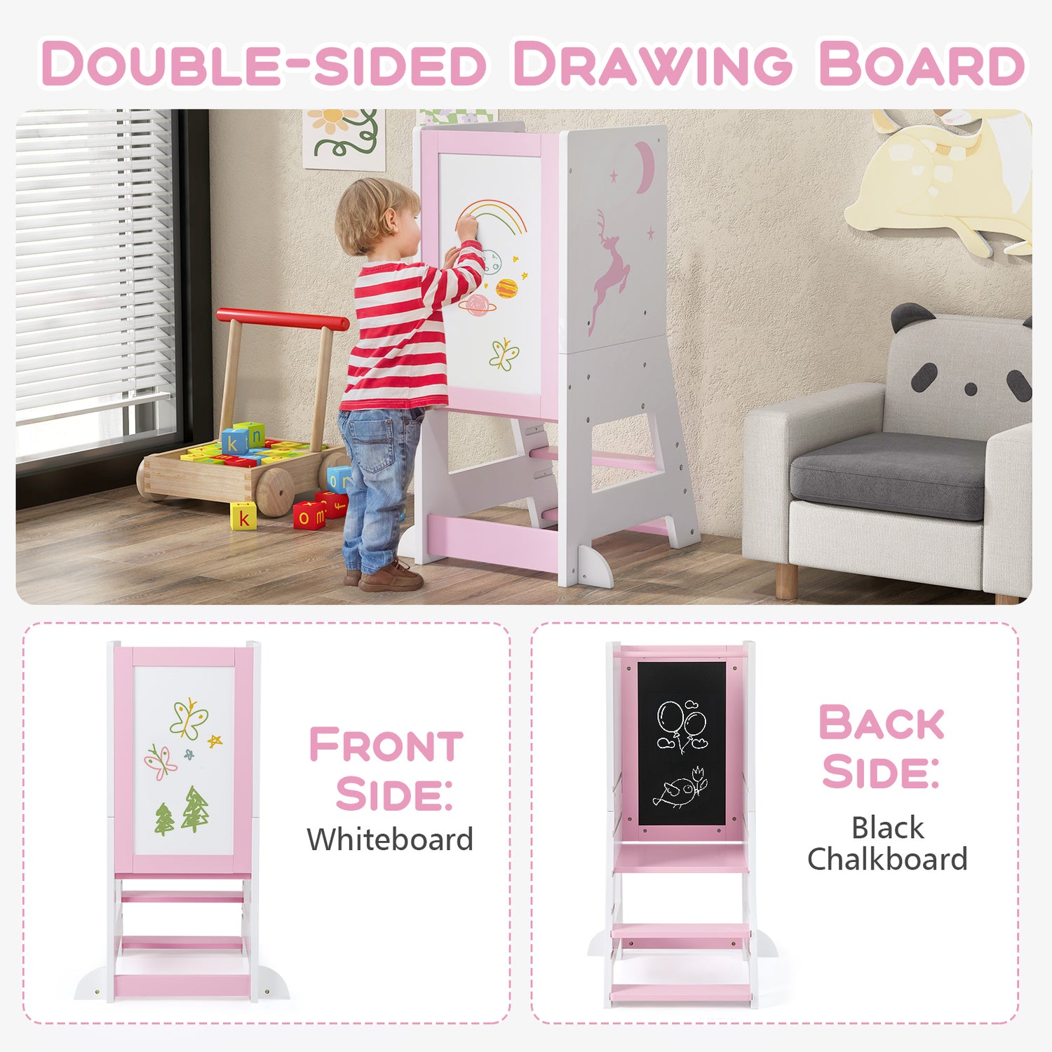 Toddler Kitchen Stool Baby Standing Tower with Chalkboard and Whiteboard-Pink