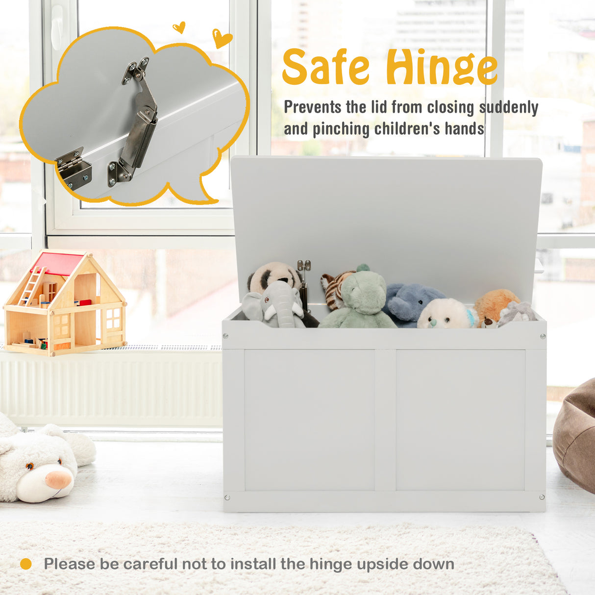 Safety Hinge Wooden Chest Organizer Toy Storage Box-Gray