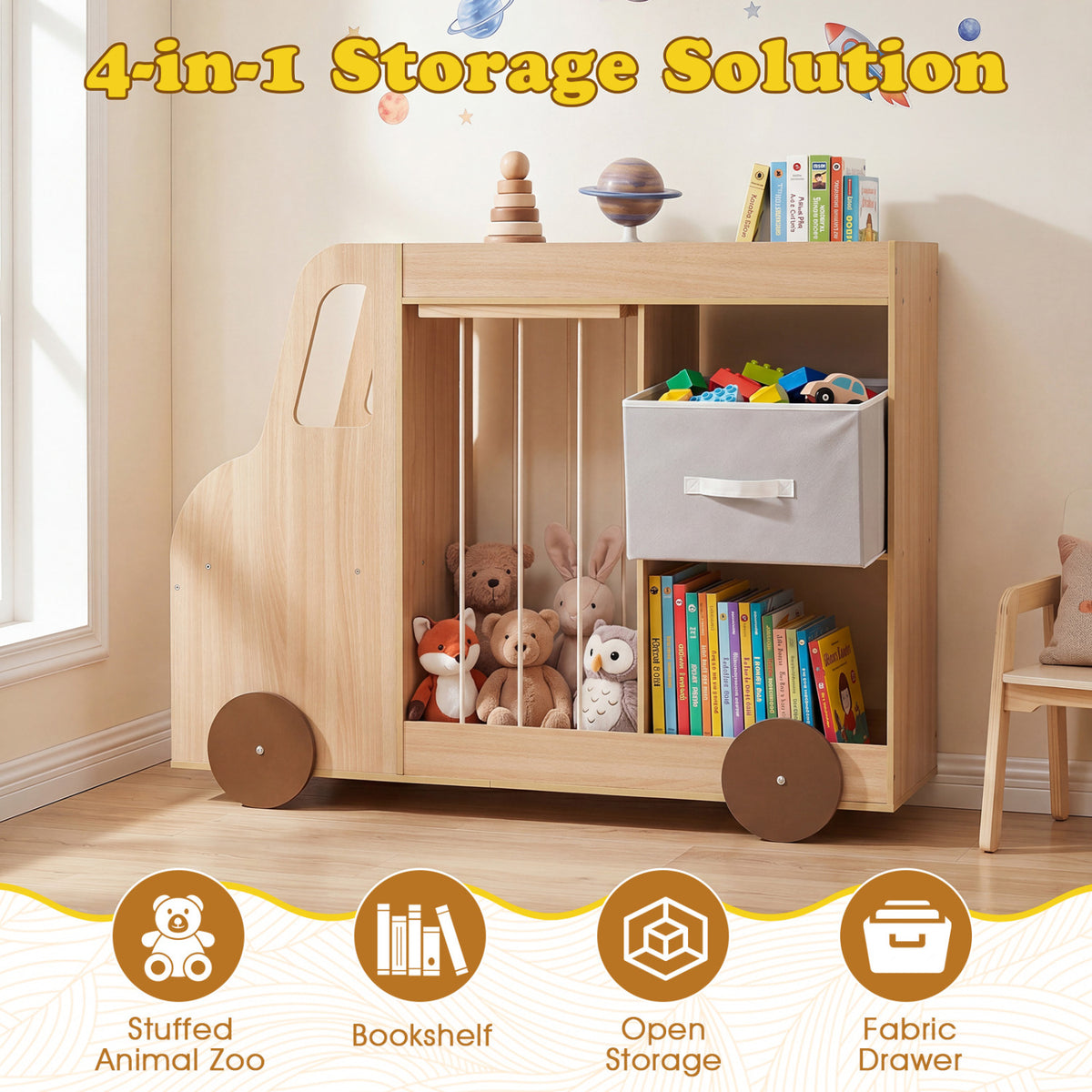 Toy Storage Organizer with Stuffed Animal Storage Fabric Drawer and Universal Wheels
