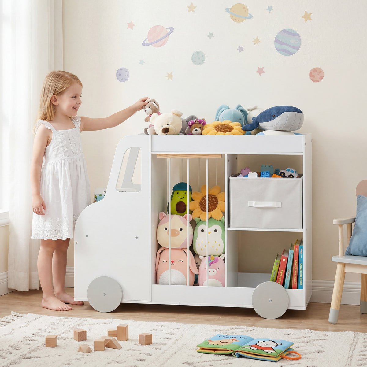 Toy Storage Organizer with Stuffed Animal Storage Fabric Drawer and Universal Wheels