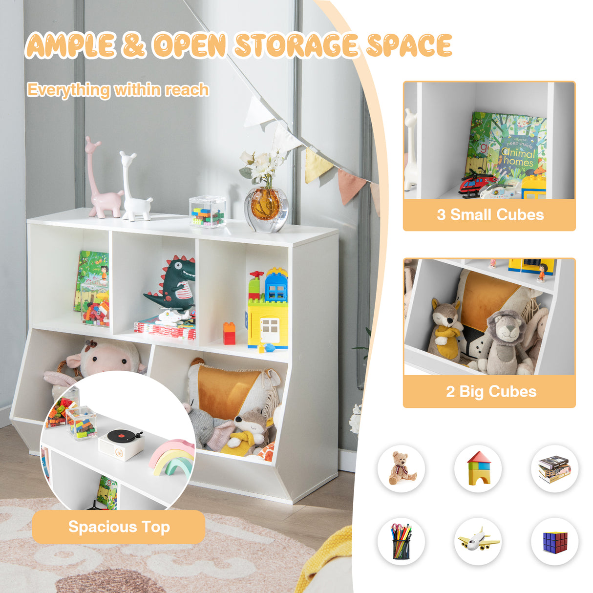 5-Cube Wooden Kids Toy Storage Organizer with Anti-Tipping Kits