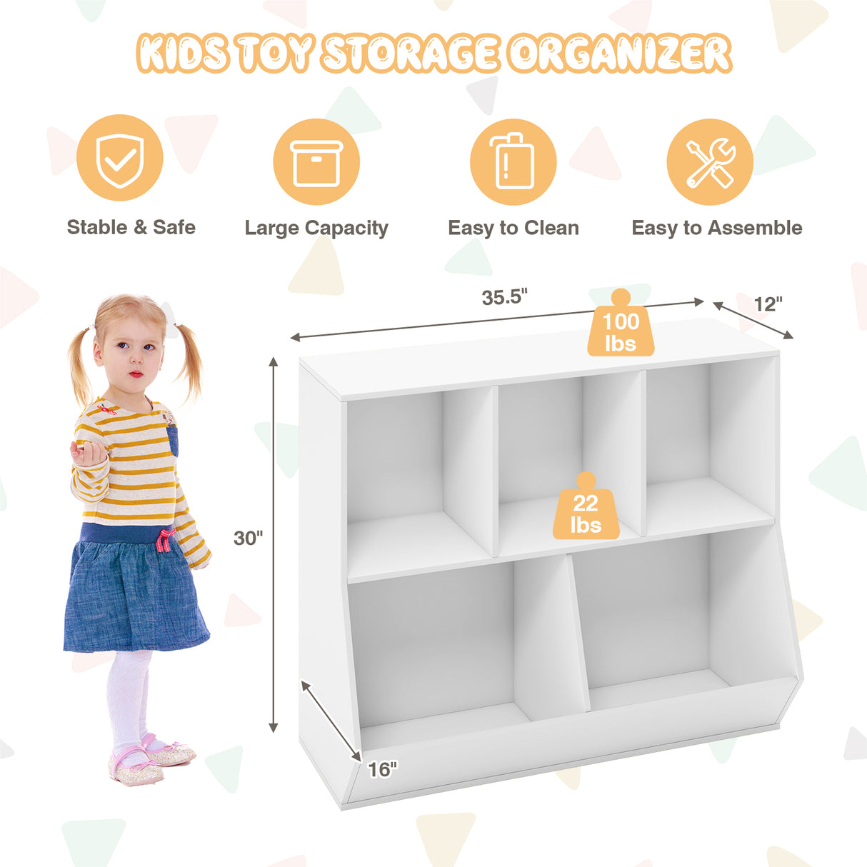 5-Cube Wooden Kids Toy Storage Organizer with Anti-Tipping Kits