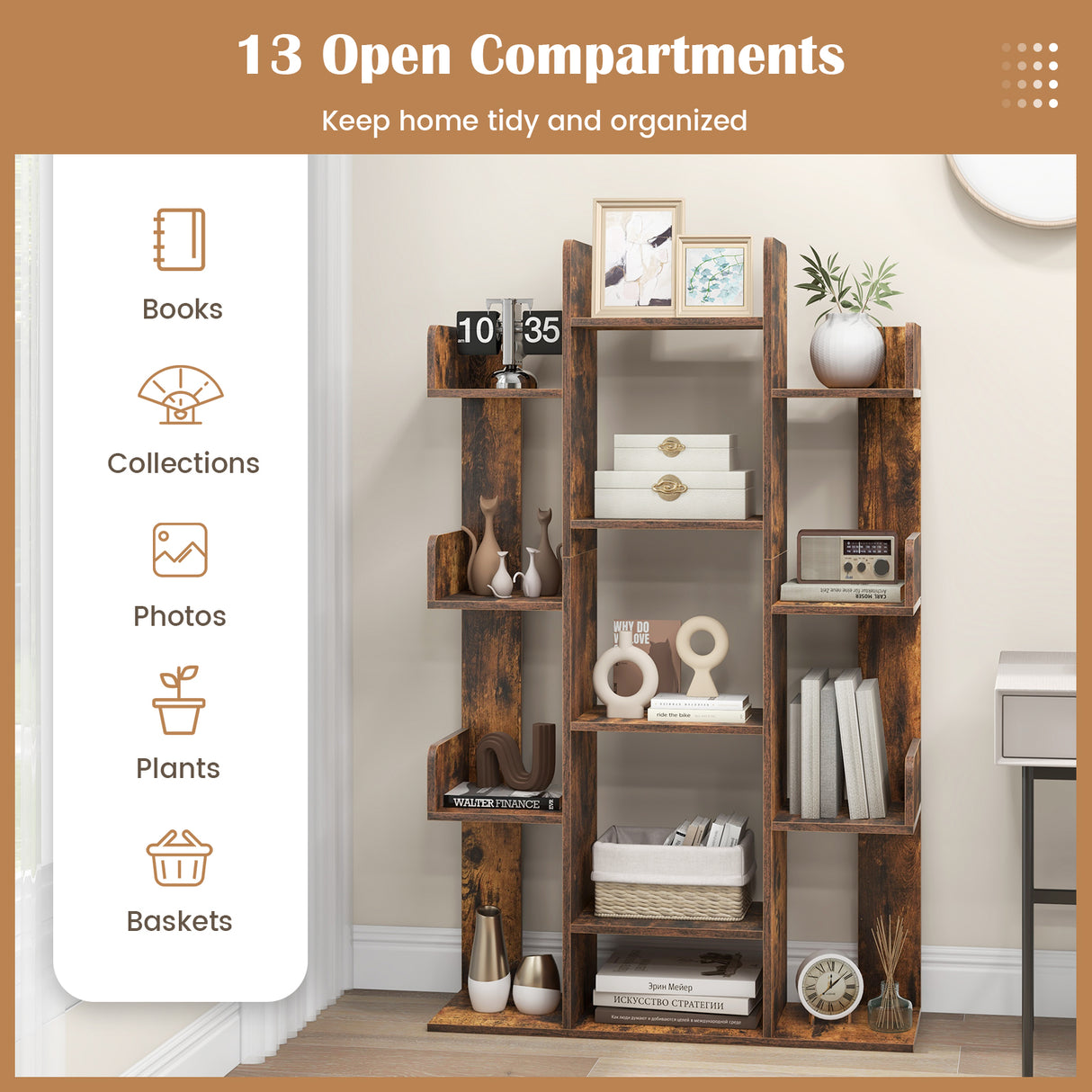Tree-Shaped Bookshelf with 13 Compartments for Home Office