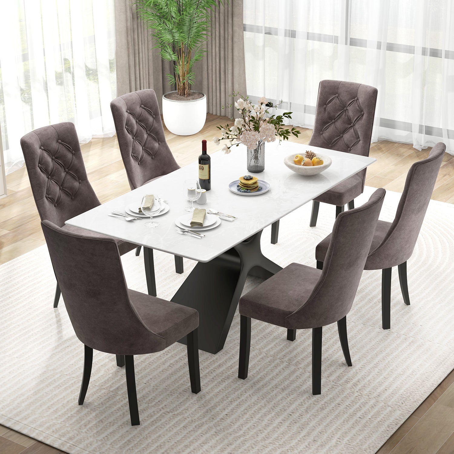 Tufted Dining Chairs Set of 2 with High Backrest and Padded Seat-Gray