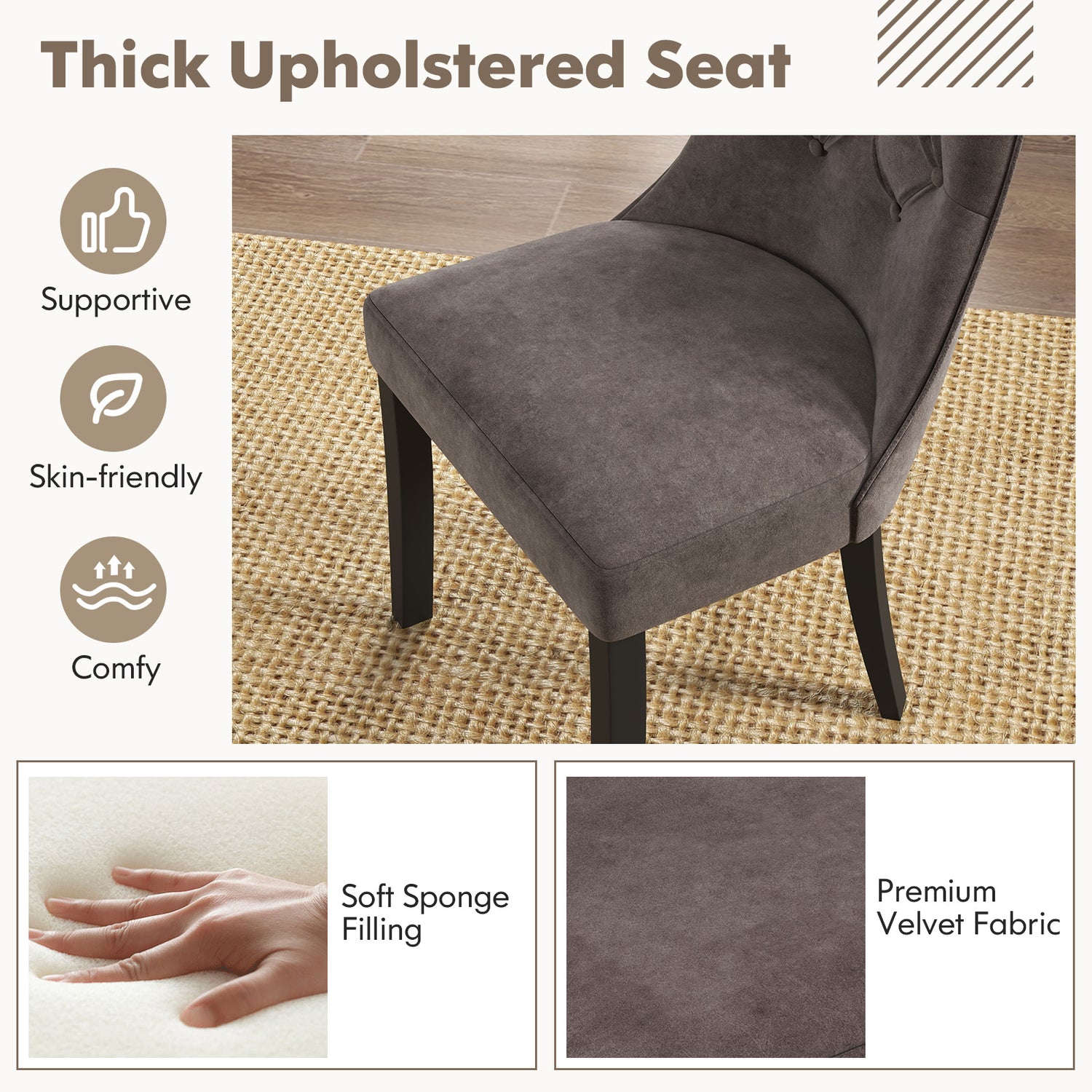Tufted Dining Chairs Set of 2 with High Backrest and Padded Seat-Gray